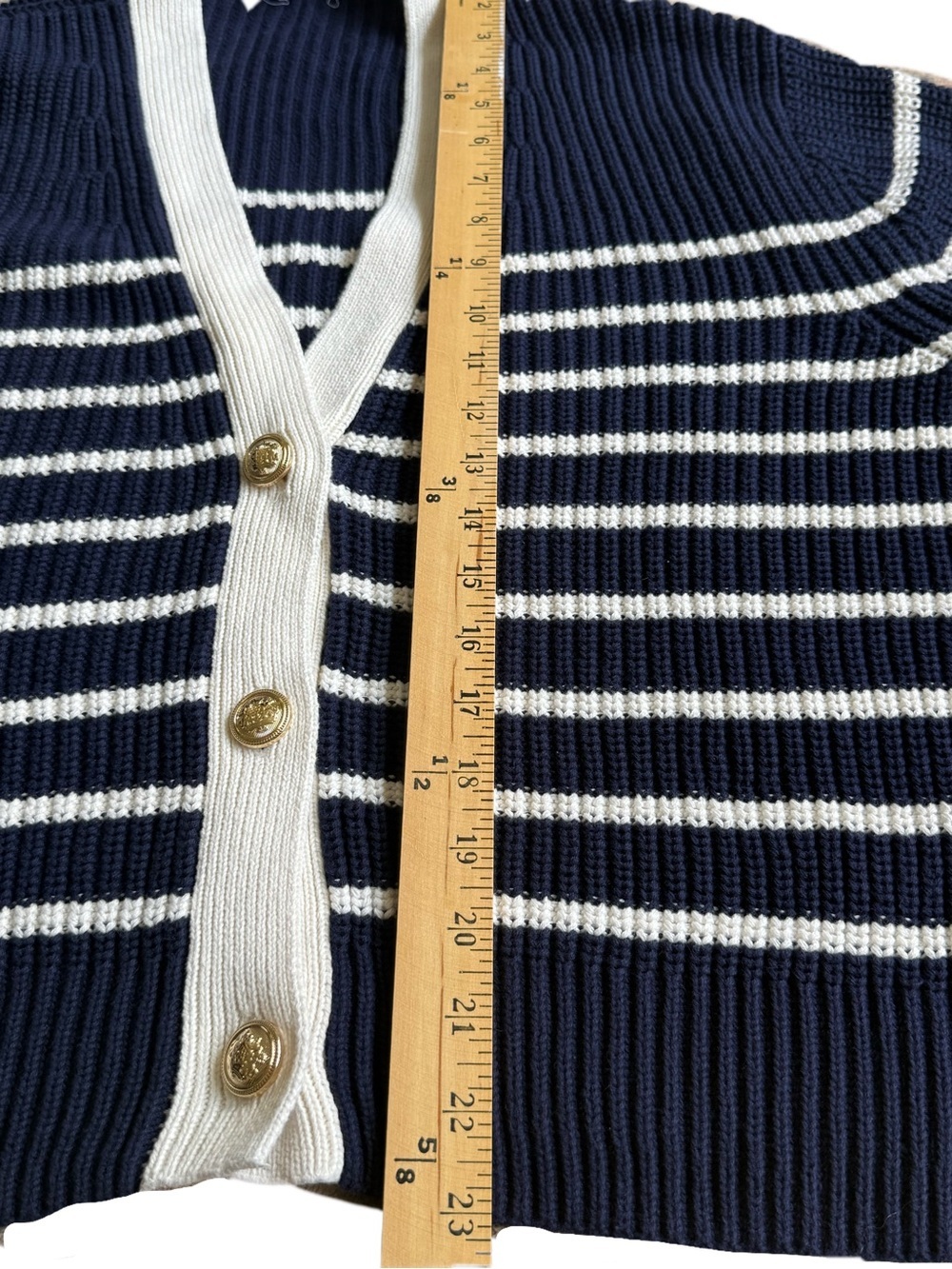 GAP Navy and White Oversized Striped V-Neck Cardigan With Gold Buttons - Picture 7 of 8